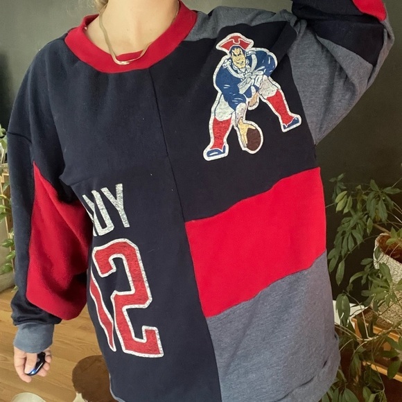 Upcycled  NFL New England Patriots Patchwork Crewneck Sweatshirt - Picture 1 of 10